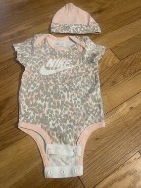 Nike Baby Pink and Gray Leopard Print One-Piece with Hat